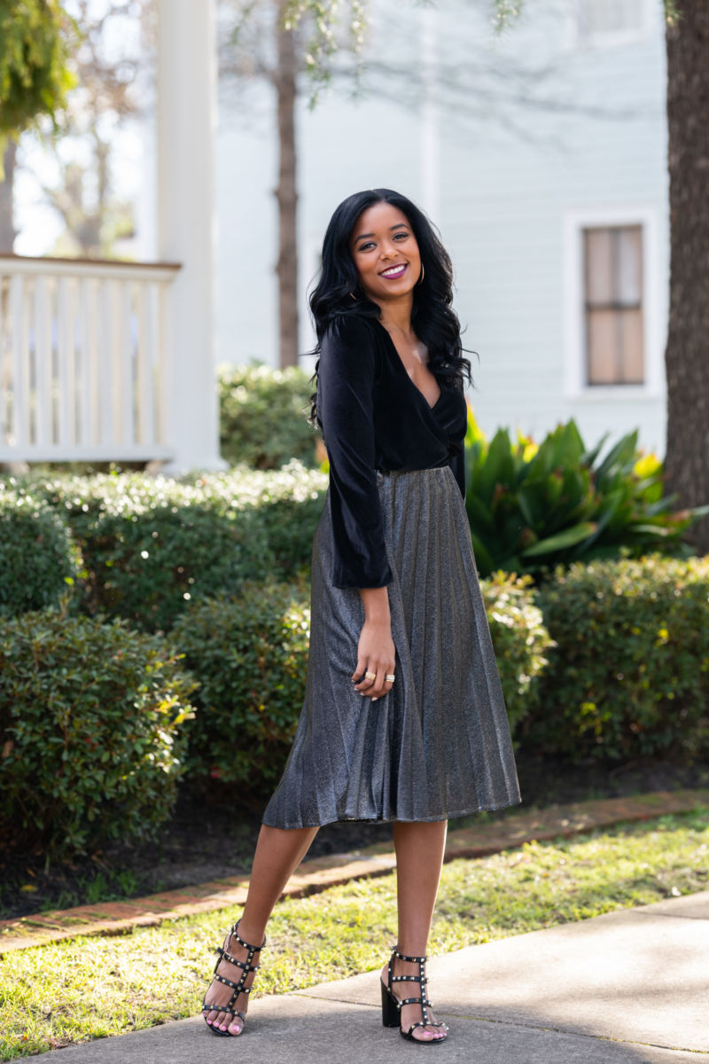 outfit, city, New Years, coat, skirt, top, heels, glitter, elegant